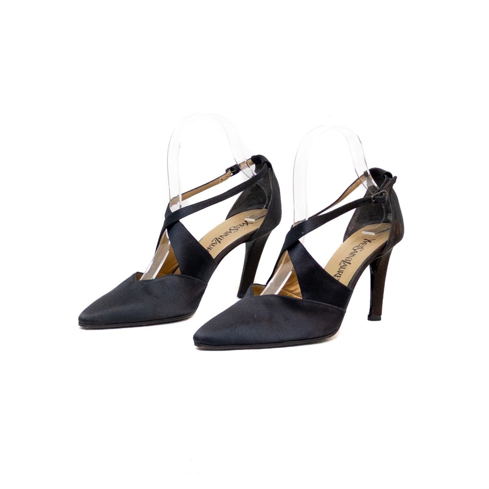 Vintage Yves Saint Laurent Black Satin Cross-Strap Heels – Size US 6 / EU 36.5 - Picture 6 of 10